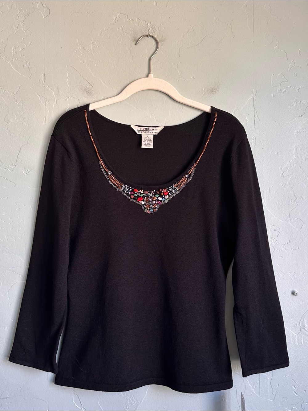 NWT Vintage JohnPaulRichard Silk Cotton Black Top Beaded Stone Detail Women's L